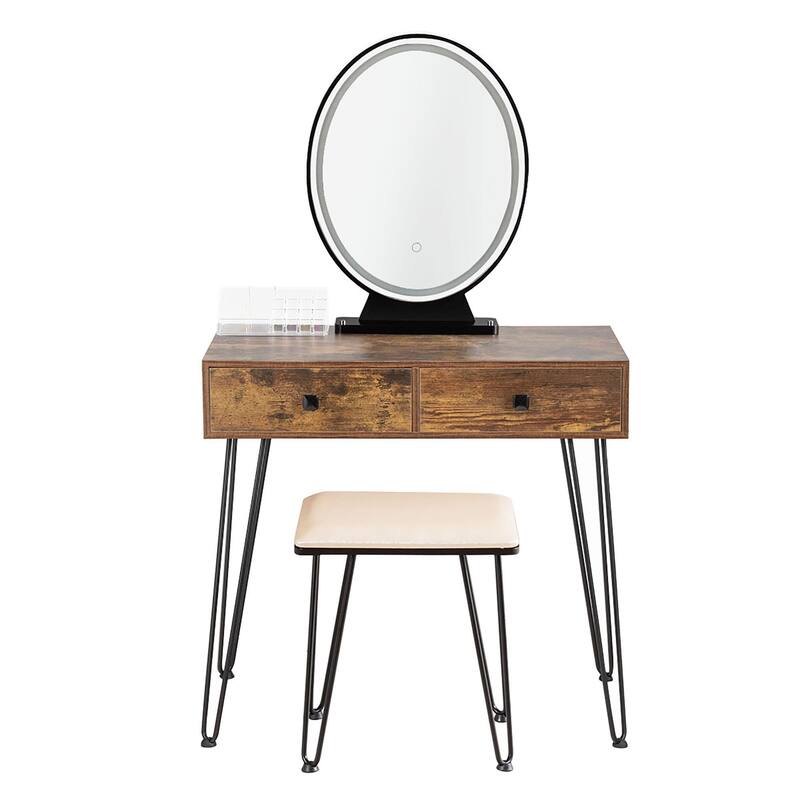 Vanity Set Makeup Dressing Table with Round Lighted Mirror - Tan