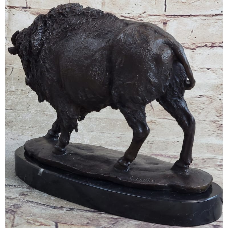 American Buffalo Bison Western Decor Bronze Marble Base Statue Sculpture Artwork