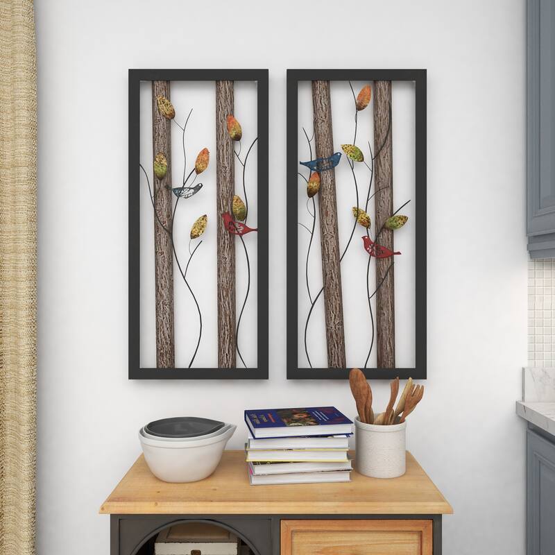 Black Metal Bird Wall Decor with Tree Branches and Colorful Leaves