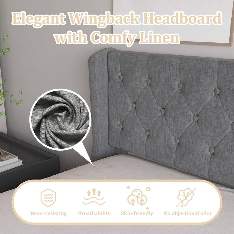 Grey Queen Size Upholstered Bed with Wingback Headboard, 4 Storage Drawers, Button Tufted Design