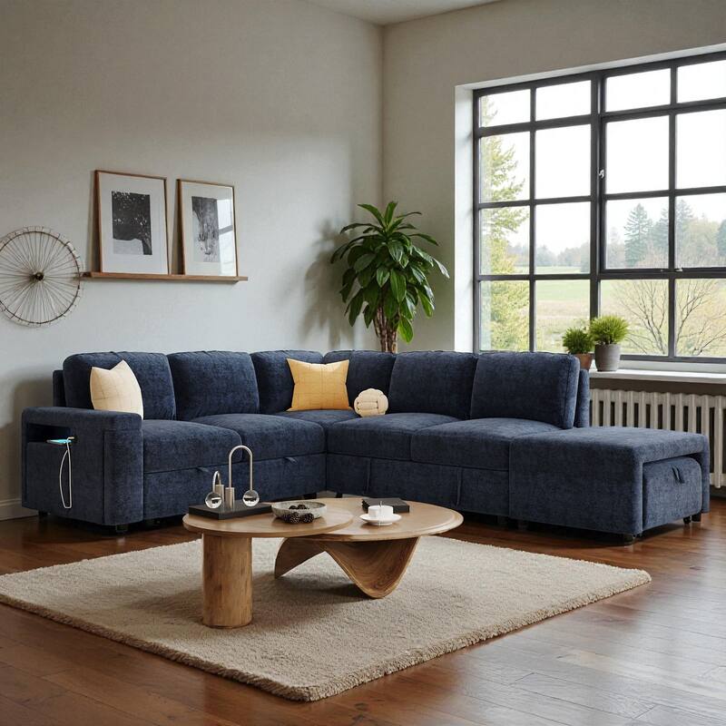 L-Shaped Modular Sofa with Storage Space USB Ports and Cup Holders Padded Sectional Couch for Living Room Office Apartment