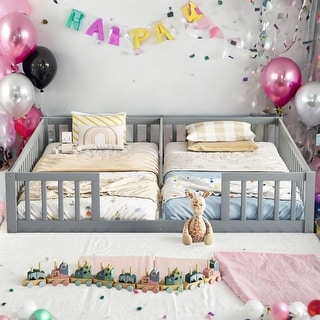 Two Twin Floor Bed with Fence,Guardrails,Kids Bed Design