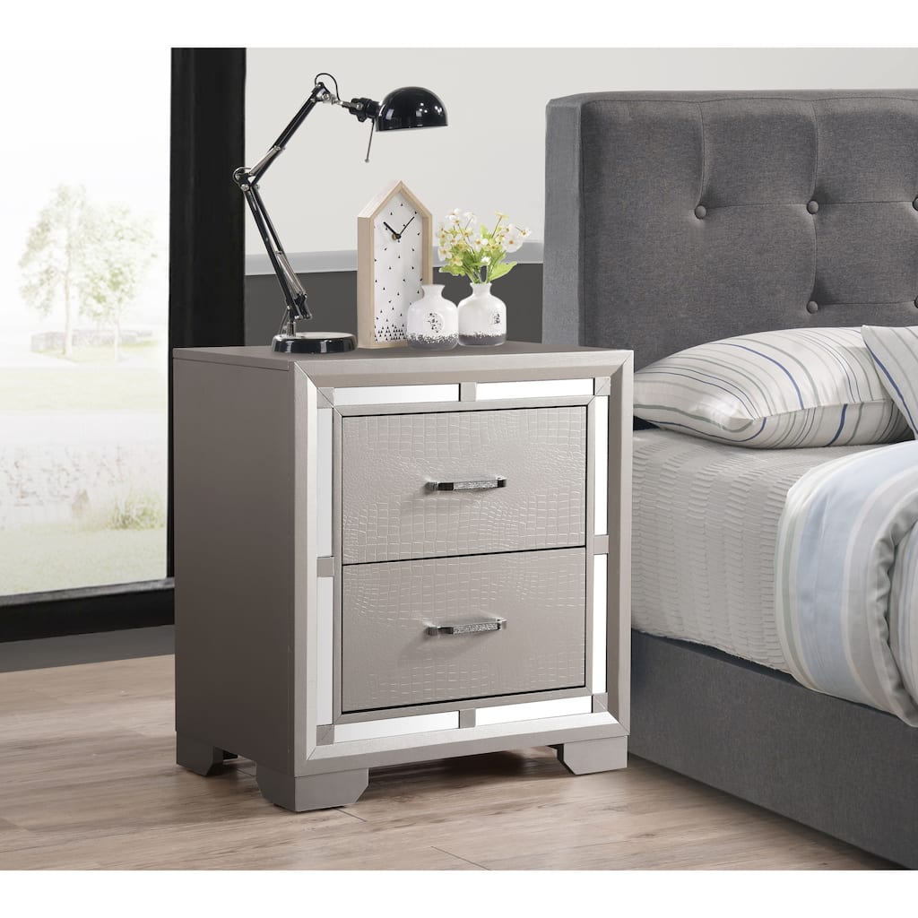Alana Nightstand with Croc Finish, Silver Champagne