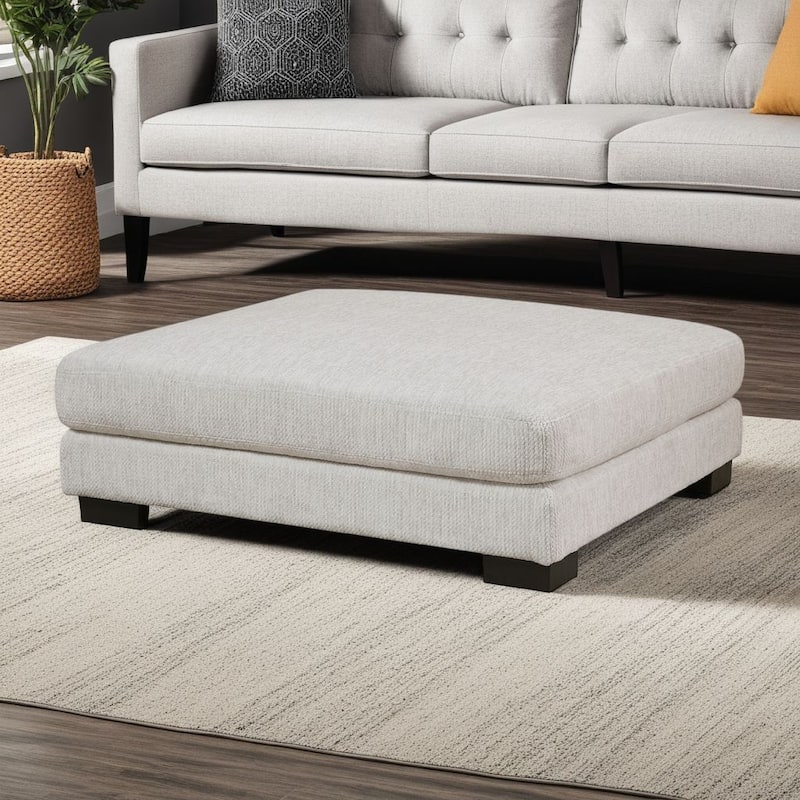 Liny Square Ottoman, 45 Inch Beige Microfiber, Black Solid Wood