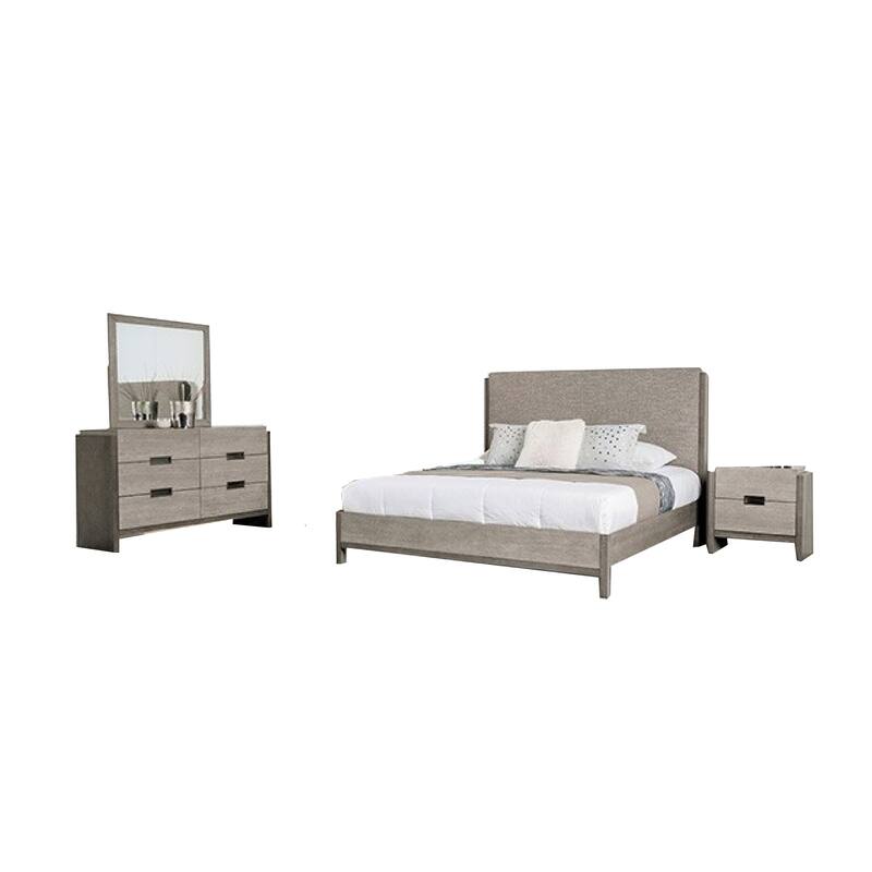 Rizvi 4pc Queen Bedroom Set, Beveled Mirror, Dresser, Gray Solid Wood