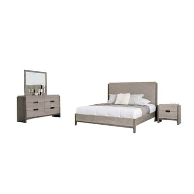 Rizvi 4pc Queen Bedroom Set, Beveled Mirror, Dresser, Gray Solid Wood