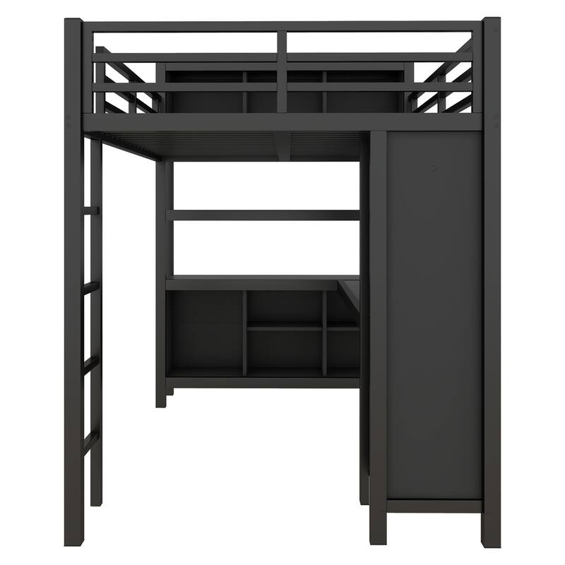 Full Size Metal Loft Bed with Wardrobe and L-shaped Desk, Storage Cubes and Shelves