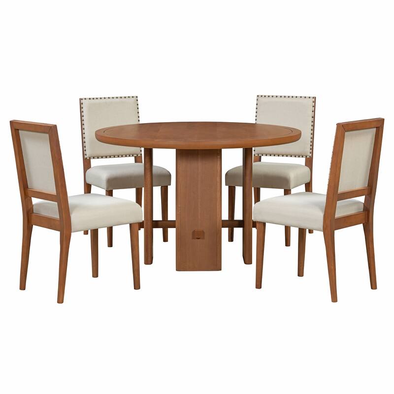 5-Piece Round Dining Table Set with Solid Wood Upholstered Chairs for Minimalist Farmhouse Design