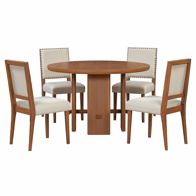 Roomfitters Farmhouse Round Dining Table Set, 4 Solid Wood Upholstered Chairs, 5-Piece Kitchen Furniture