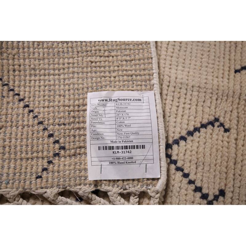Geometric Ivory Moroccan Area Rug Hand-Knotted Wool Carpet - 5'7"x 9'5"