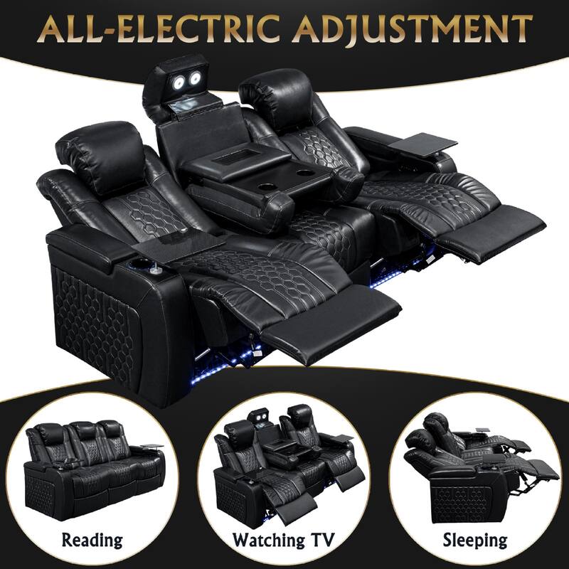 Roomfitters 86.6" Power Recliner 3-Piece Set, Top-Grain Nappa Leather, 12-Color RGB LED & USB-C Charging, Black