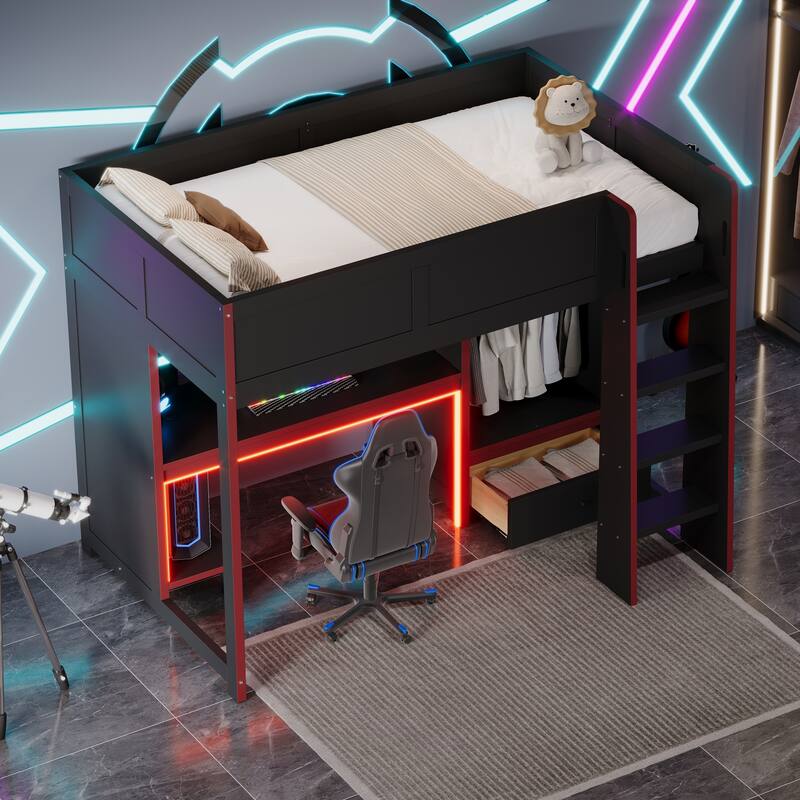 Twin Size Gaming Loft Bed with Built-in Desk, Wardrobe, LED Light, and Drawer