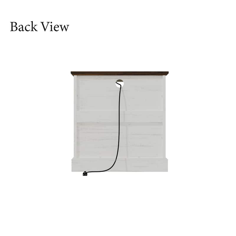 Farmhouse Nightstand with 2 Drawers, Open Shelf & Power Port, Rustic Bedside Table, Antique Brass Handles, White/Grey