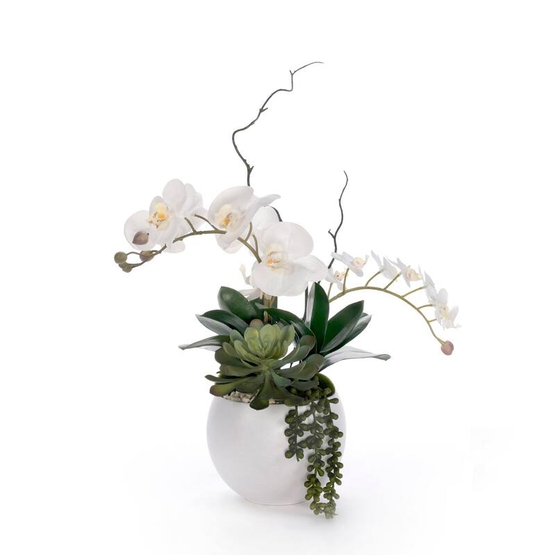 Real Touch White Orchid Flower Arrangement in White Bowl