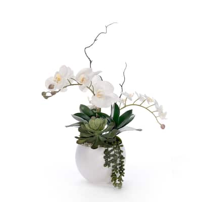 Real Touch White Orchid Flower Arrangement in White Bowl