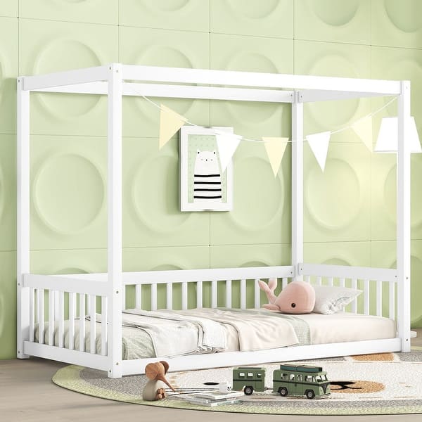 slide 2 of 8, Twin Size Canopy Frame Floor Bed with Fence, Guardrails,White