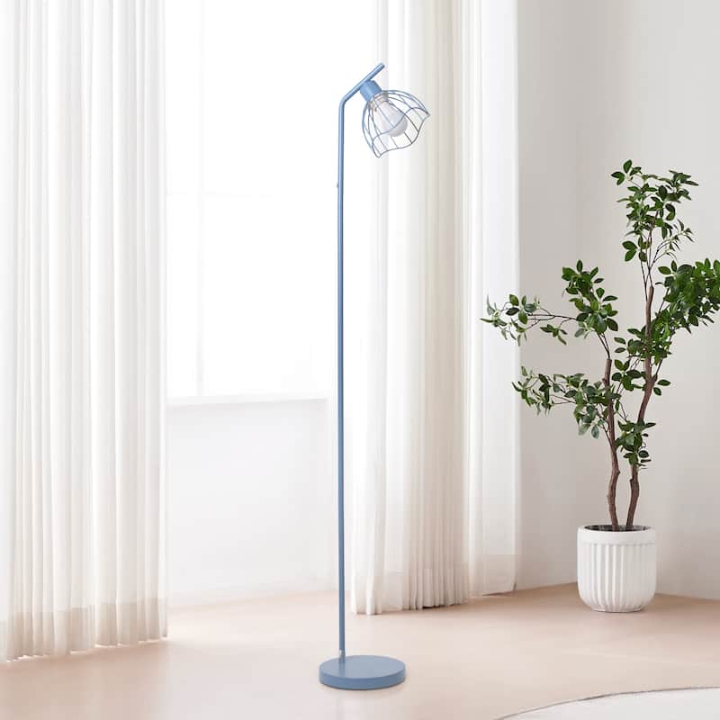 Metal Industrial Cage Floor Lamp with Curved Arm and Rotary Switch - 9.57 x 7.87 x 54.50 in. (L x W x H)