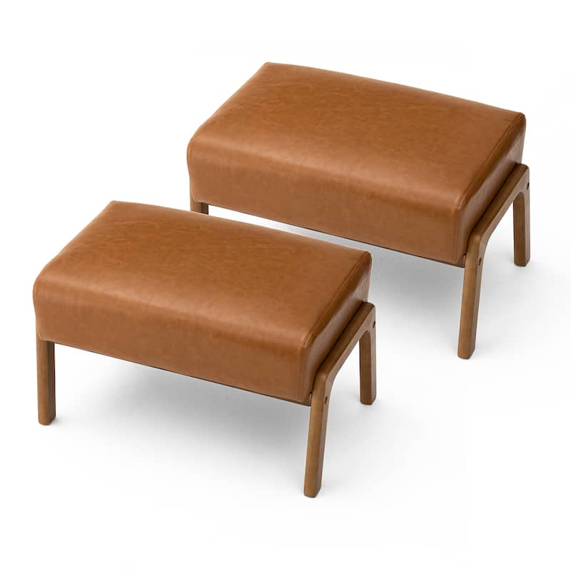 Glitzhome Set of 2 Mid-century Leatherette Ottoman Accent Stools