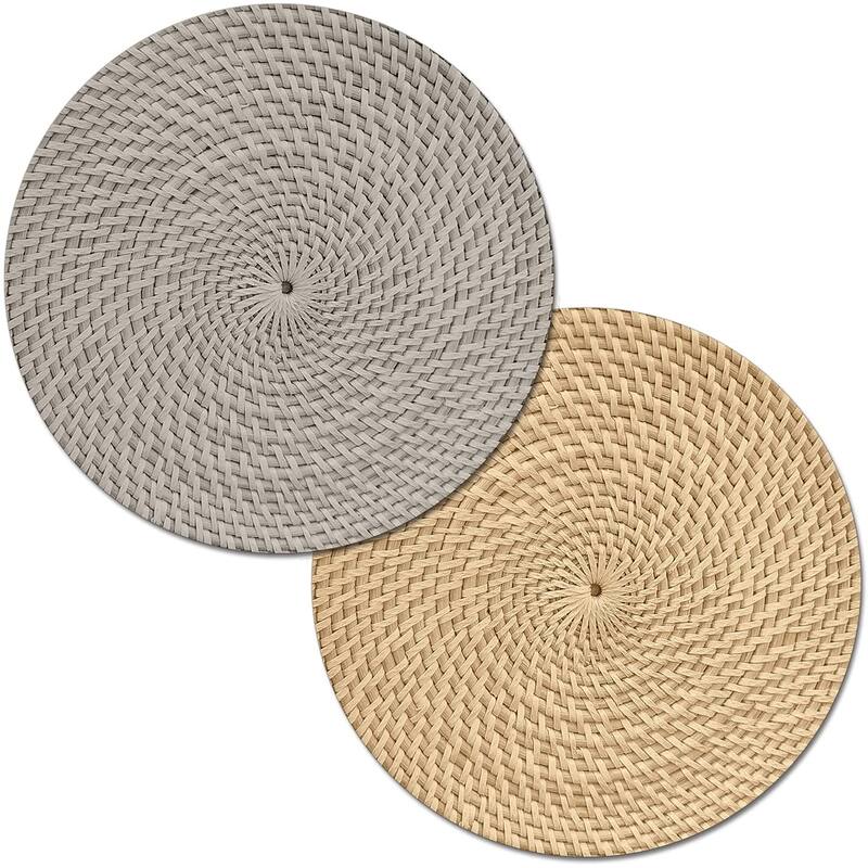 CounterArt Taupe and Natural Basket Weave Design Round Reversible Easy Care Plastic Placemat Set of 4 Made in The USA - Set of 4