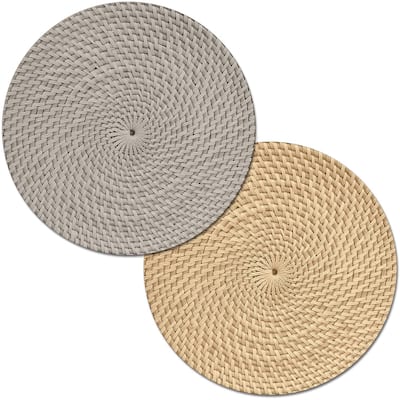 CounterArt Taupe and Natural Basket Weave Design Round Reversible Easy Care Plastic Placemat Set of 4 Made in The USA
