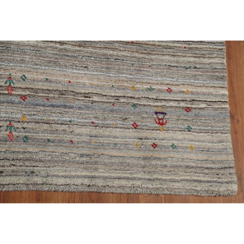 Striped Gabbeh Square Rug Hand-Knotted Gray Wool Carpet - 7'11"x 7'11"