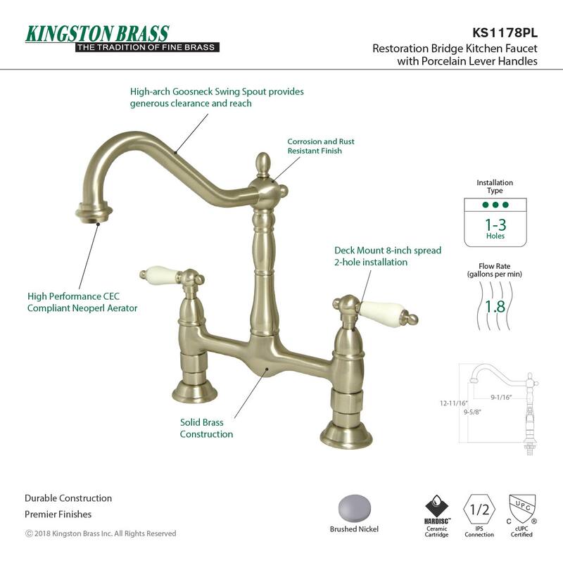 Kingston Brass Heritage Bridge Kitchen Faucet with Porcelain Lever