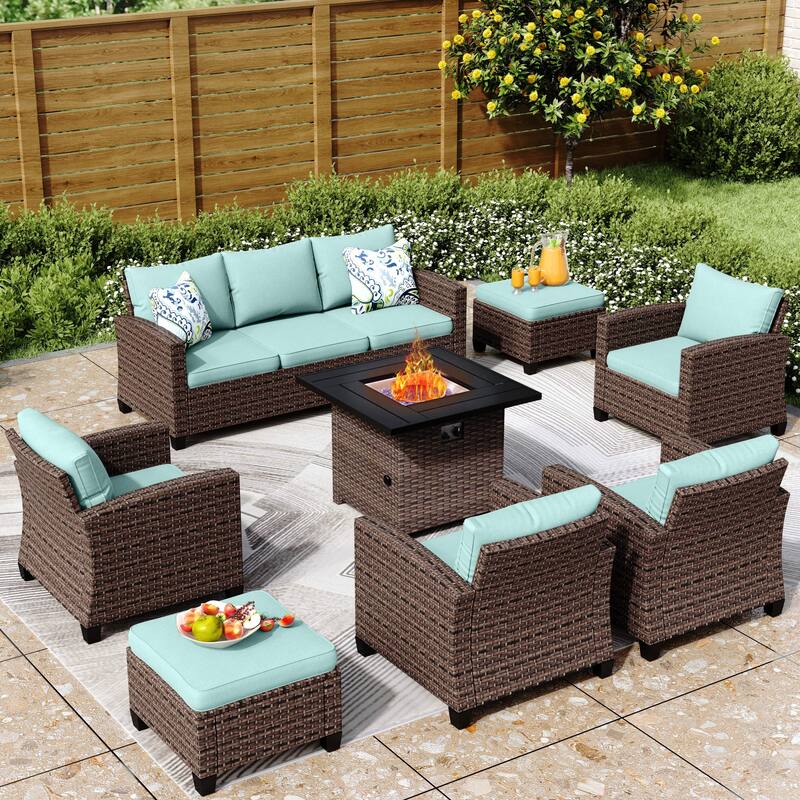 7/9-Seat Patio Furniture Wicker Rattan Outdoor High-back Sectional Sofa Conversation Set with Firepit Table - 9 Seats + 32’’ Firepit - Lake Blue