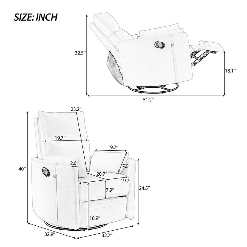 360 Swivel Manual Living Room Recliner Rocker Chair with 2 Pillows