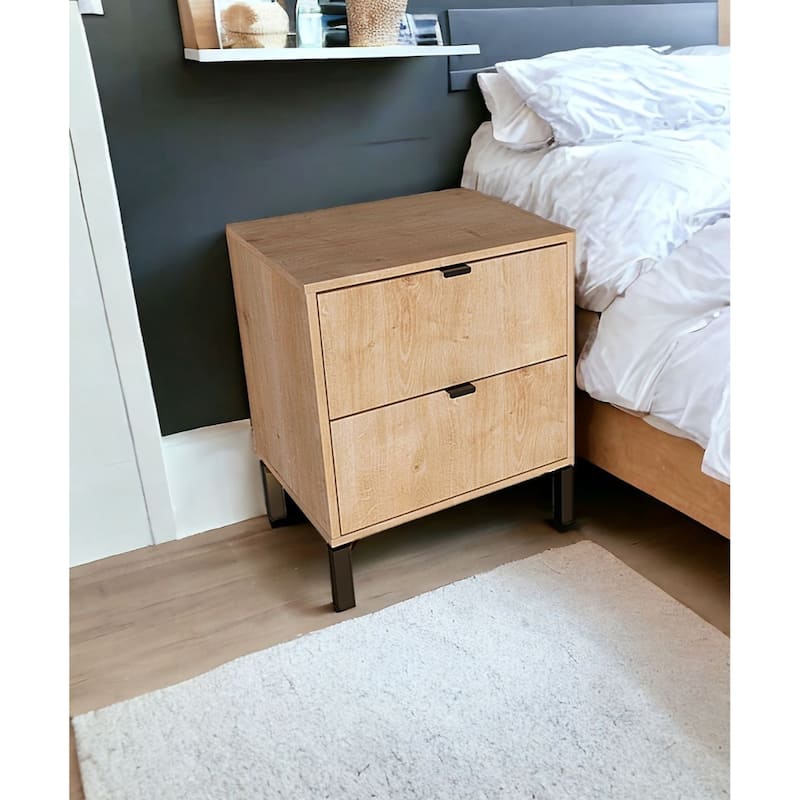 Modern 2-Drawer Nightstand with Eucalyptus Wood Top and Matte Finish for Bedroom Storage