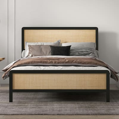 Bed Frame with Rattan Headboard, No Box Spring Needed