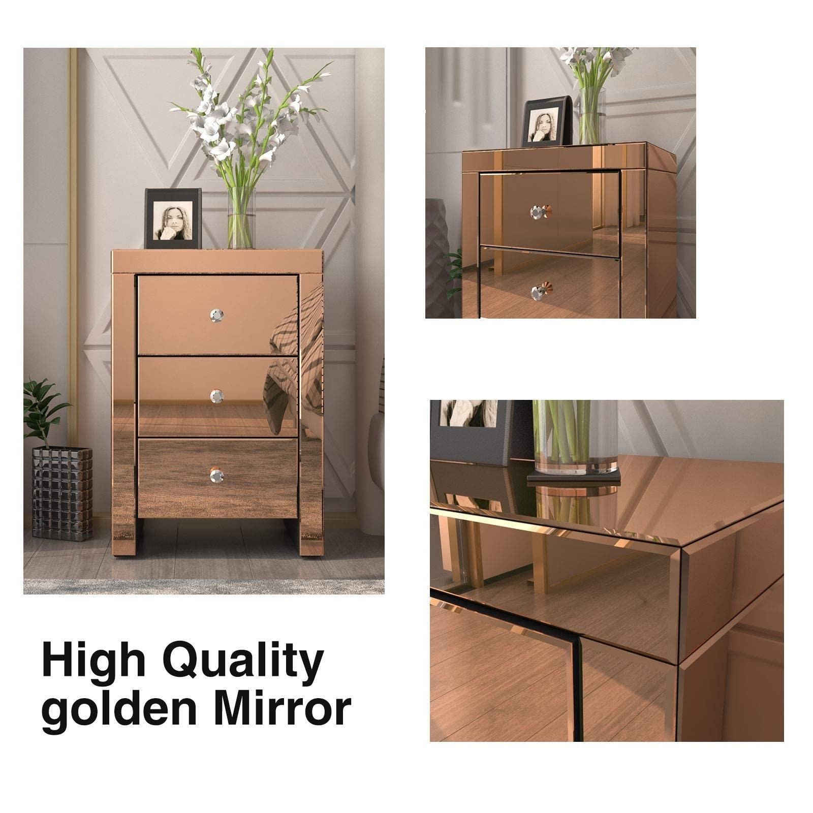 Mirrored End Table with 3 Drawers Rose Gold Finished Bedside Nightstand Accent Side Table Cabinet for Bedroom