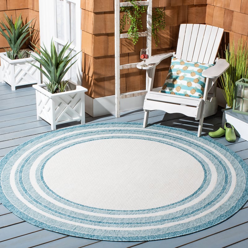 SAFAVIEH Courtyard Vickie Indoor/ Outdoor Waterproof Patio Backyard Rug - 4' Round - Ivory/Aqua