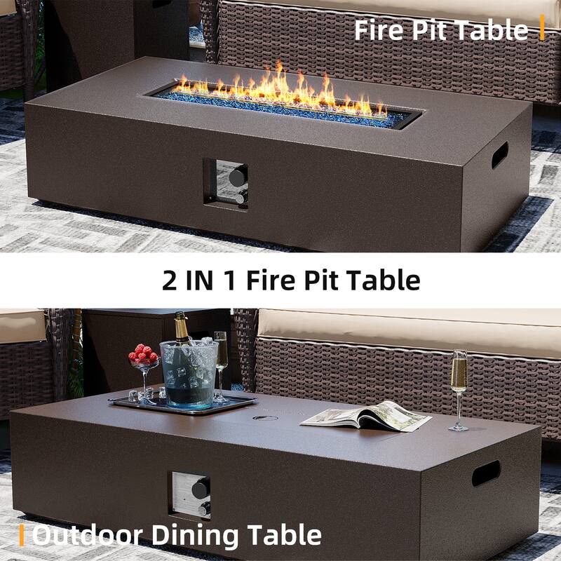 Patio Watcher Outdoor 56in. Rectangular Iron Fire Pit Table with Propane Tank Cover