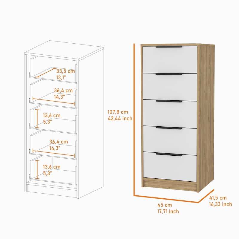 5-Drawer Rectangle Dresser White and Light Oak