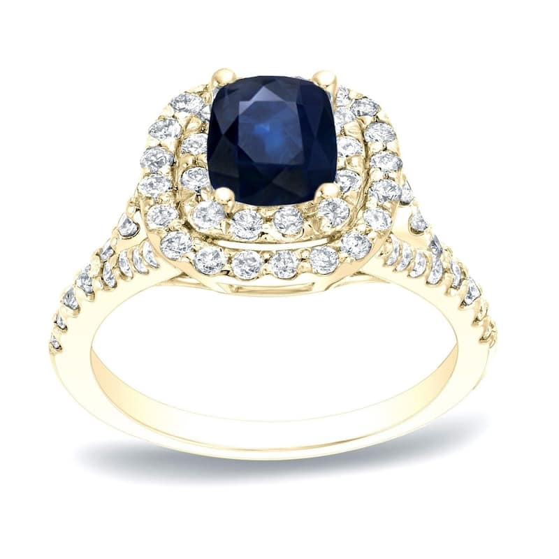 Auriya 14k Gold 1/2ct Cushion-cut Sapphire and Diamond Halo Engagement Ring 3/4ctw (H-I, SI1-SI2) - Yellow - 6