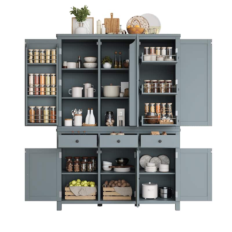 75" Farmhouse Kitchen Pantry Cabinet with Door Shelves, Large Freestanding Cupboard with Pull-Out Trays
