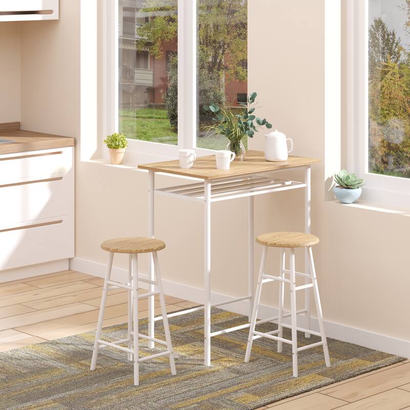 3-Piece Space-Saving Modern Bar Table and Stools Set with 2 Different Height Footrest for Pub