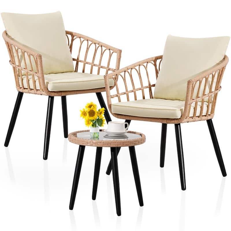3-PC Beige Wicker Patio Conversation set with Glass Table