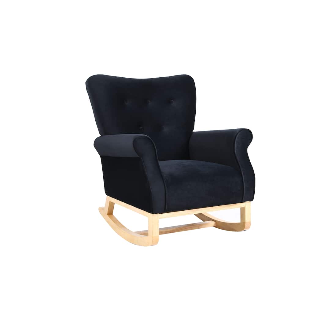 Black High Back Rocking Chair Nursery Chair Fabric Padded Rocker Modern High Back Armchair with Curved Legs for Bedroom