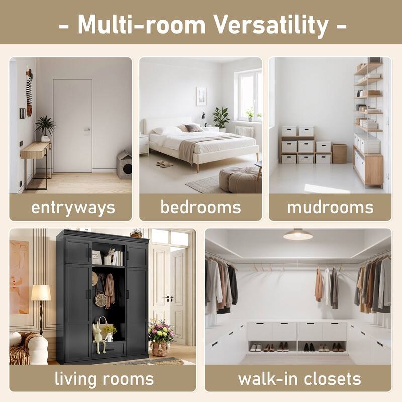 85.2''H Hall Tree with Bench and 3 Hooks, Modern Entryway Storage Organizer Cabinet with 4 Doors, 1 Drawer