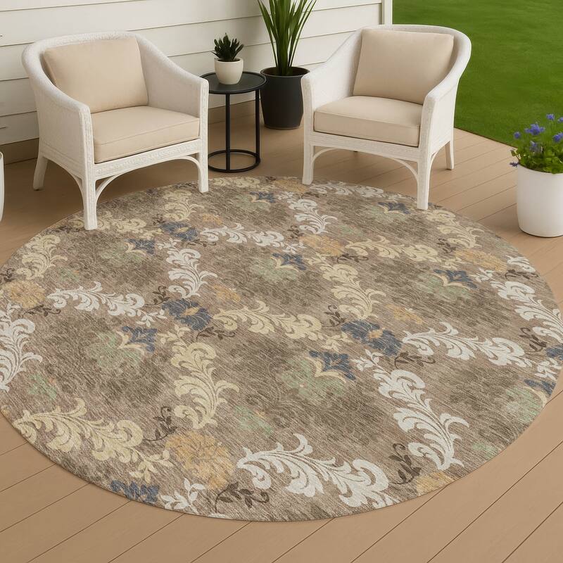 Machine Washable Indoor/ Outdoor Damask Patna Chantille Rug - Brown - 8' x 8'
