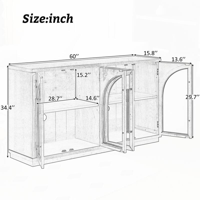 4-Door Large Storage Sideboard Buffet Cabinet with Glass Doors