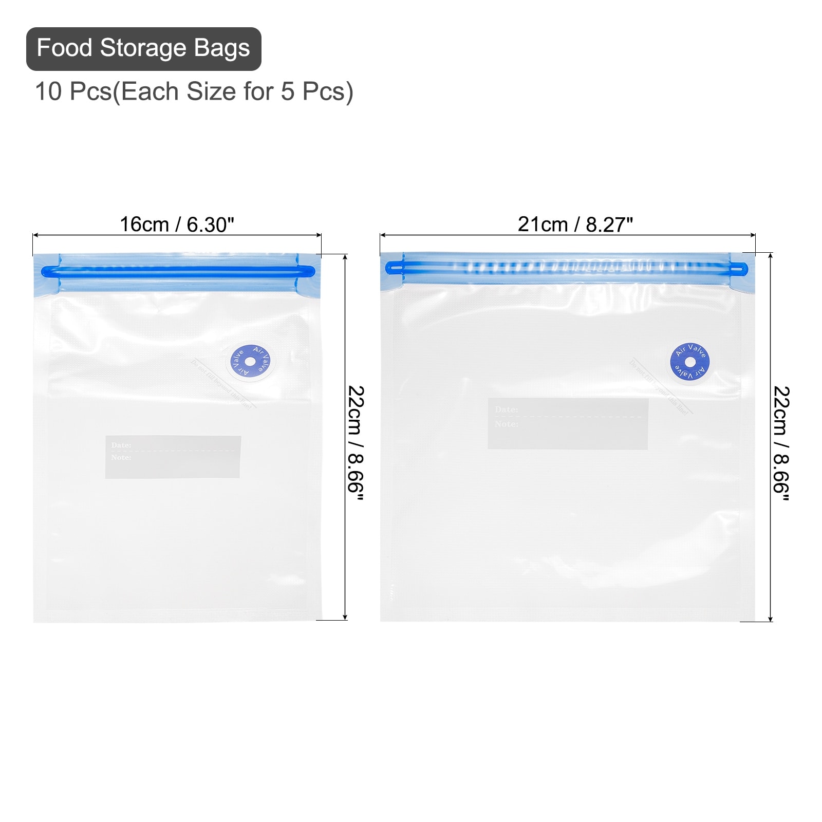 10pcs Sous Vide Bags Reusable Vacuum Food Sealer Bag 22cm x 16cm,22cm x 21cm - White