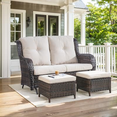 Outdoor Glider Sofa with Ottoman - Beige cushion - Brown