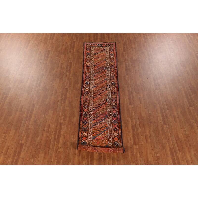 Hand Knotted Oriental 100% Wool Carpet Traditional Geometric Oranges & Rust Lori Runner Rug - 14' 9'' X 2' 10''