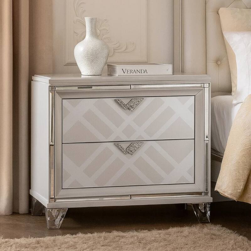 Beli 30 Inch Modern 2 Drawer Nightstand, Carved Acrylic Feet, Crisp White