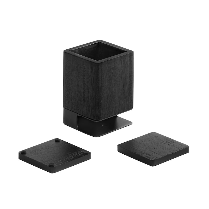Jani Wooden Pen Cup Holder with 2 Coasters - Stained Mango Wood & Powder-Coated Metal Organizer for Home, Office & Living Spaces
