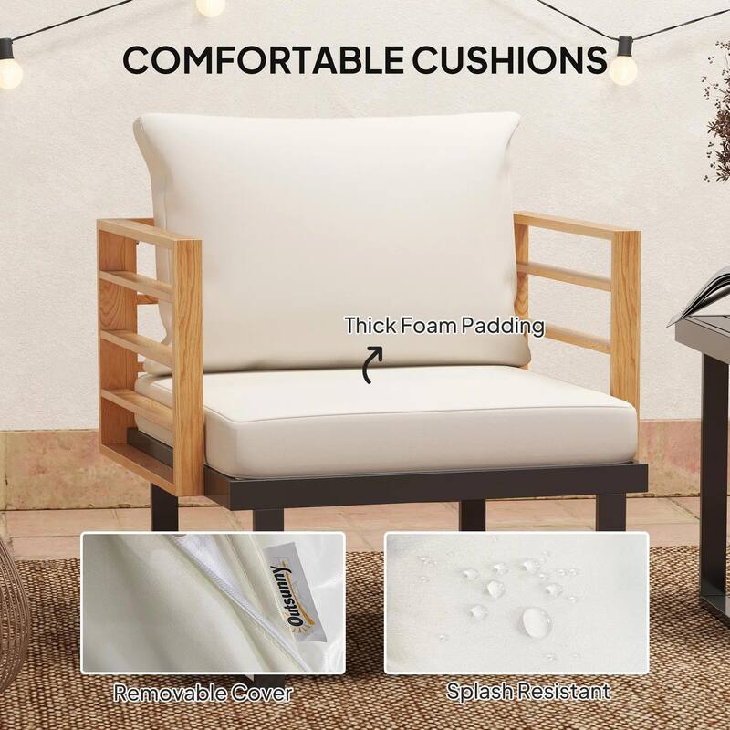 3-Piece Metal Patio Set, Small Cushioned Armchairs, Slatted Table