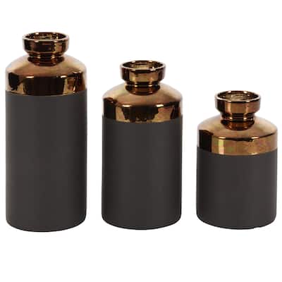 Ceramic Decorative Vase with Copper Like Tops - Set of 3 Gray - CosmoLiving by Cosmopolitan