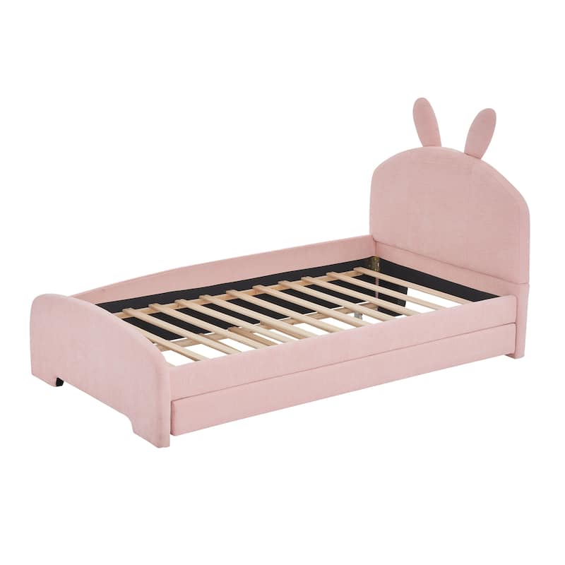 Upholstered Platform Bed with Cartoon Ears Shaped Headboard and Trundle ...